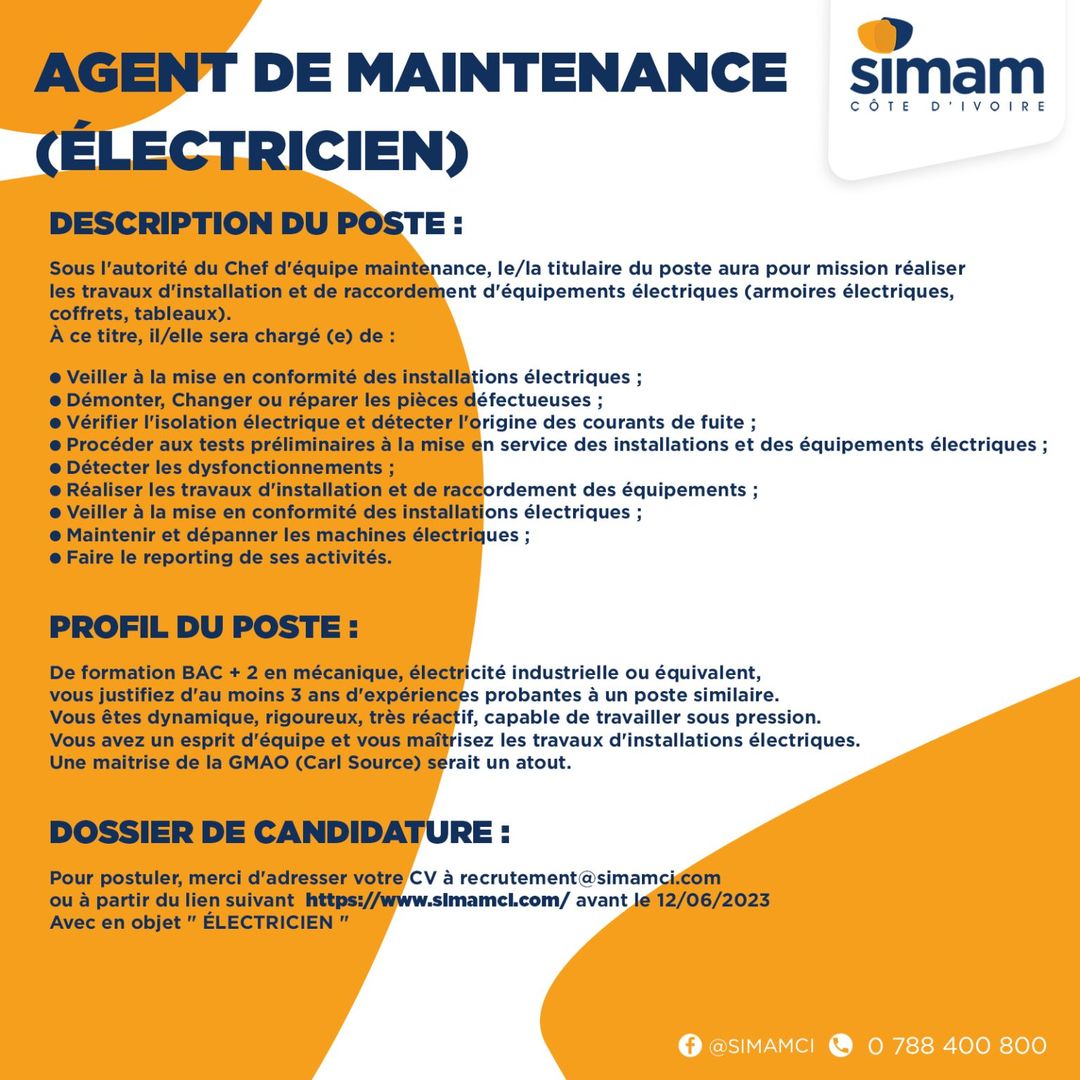 Agent de maintenance – Électricien